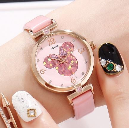 นาฬิกาข้อมือผู้หญิง สายหนังแท้ นาฬิกาข้อมือ Mickey Minnie Mouse แบบน่ารัก แต่งคริสตรัลด้านใน นาฬิกา วัยรุ่น สวย ๆ 341425