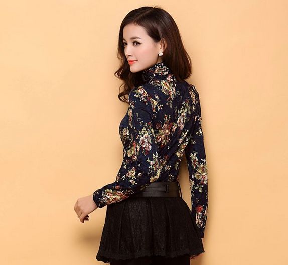 เสื้อผ้าลูกไม้ แขนยาว สไตล์ คุณนาย แบบไฮโซ เสื้อเชิ้ต แขนยาว เพ้นท์ลายดอกไม้ สีกรมท่า ผสมผสาน ลูกไม้ สวยหรู มีระดับ ใส่เที่ยว ใส่ออกงานราตรี 26861