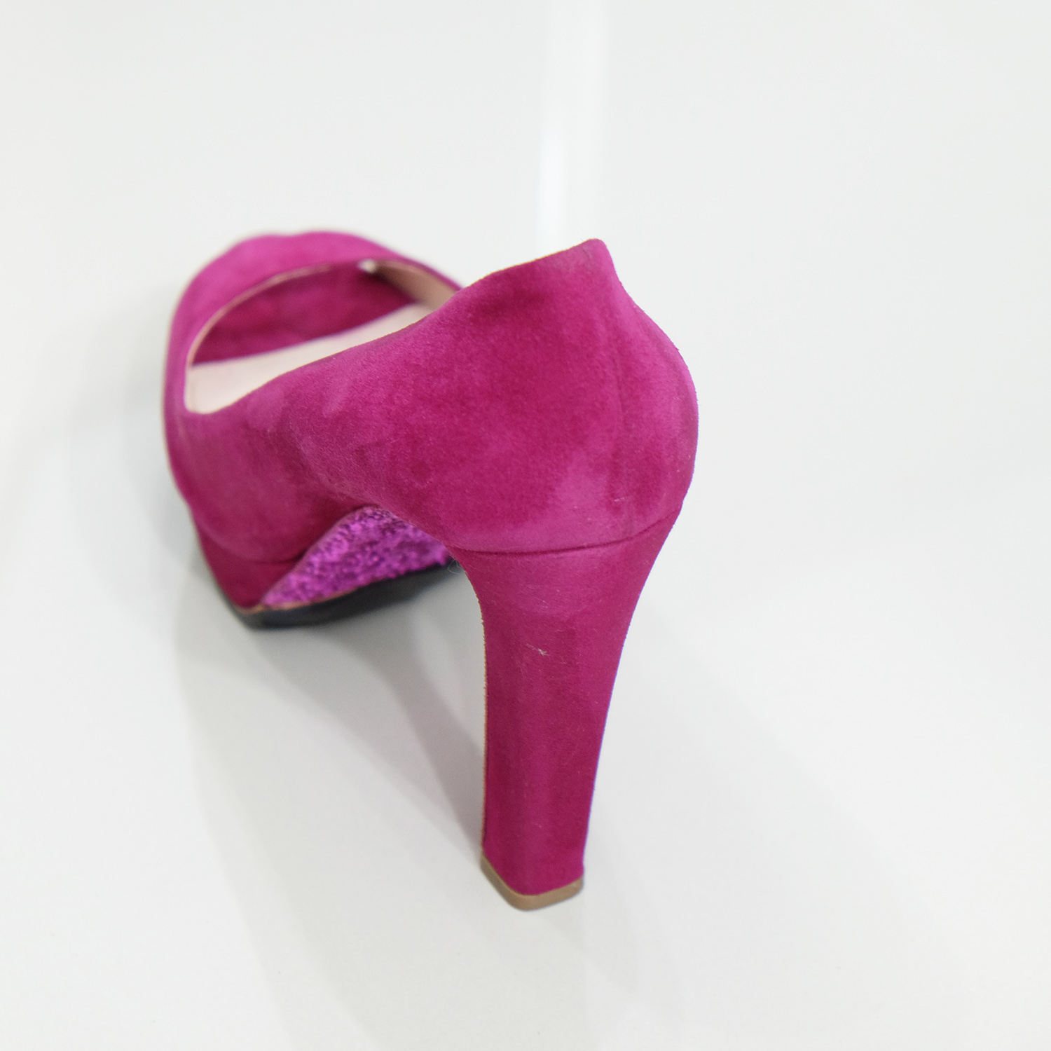 Miu Miu Fushia Pink Suede (Goat) Peep Toes Glitter Heel 5.5" Size 40