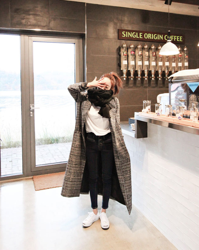 Korea Minimal Coat เสื้อคลุมกันหนาว ตัวยาว37" สไตล์เกาหลี ผ้าทอลายสก๊อต บุซับในกันลม