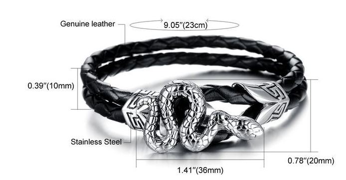 สร้อยข้อมือผู้ชาย กำไลข้อมือผู้ชาย สายหนังแท้ สีดำ ถัก 2 ชั้น ใส่ จี้ งู สีเงิน Stainless Steel แท้ ของขวัญ สำหรับคนเกิด ปีมะโรง ปีงู 317037