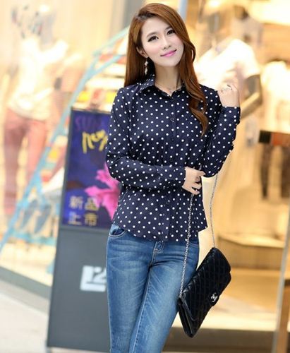 เสื้อเชิ้ตผู้หญิง เสื้อเชิ้ิตแขนยาว ลายจุด ใส่ทำงาน สไตล์ Working Women เสื้อคอปก แขนยาว ลายจุด สีน้ำเงิน กรมท่า เสื้อผู้หญิง ราคาถูก 351908_1