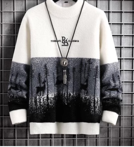 เสื้อกันหนาว คอกลม แบบสวม เสื้อกันหนาวผู้ชาย แบบขน ลายกวาง หิมะ แบบสวม สีขาว ใส่เที่ยว 233569
