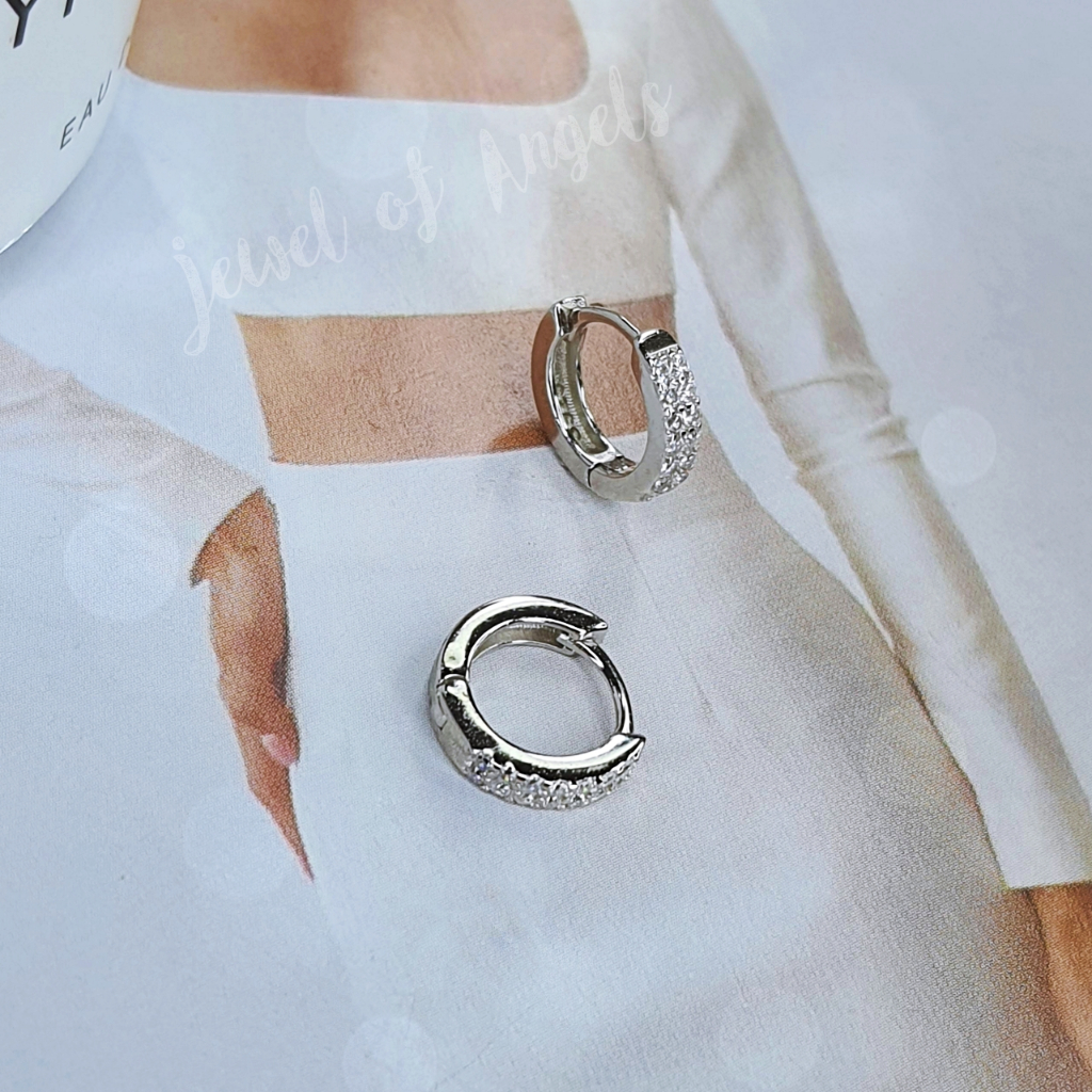 ต่างหูเงินแท้ S925 รุ่น Dreaming ต่างหูห่วงเล็กเพชรCZ 2แถว สูง9.4mm เงินแท้ทั้งชิ้น Silver925
