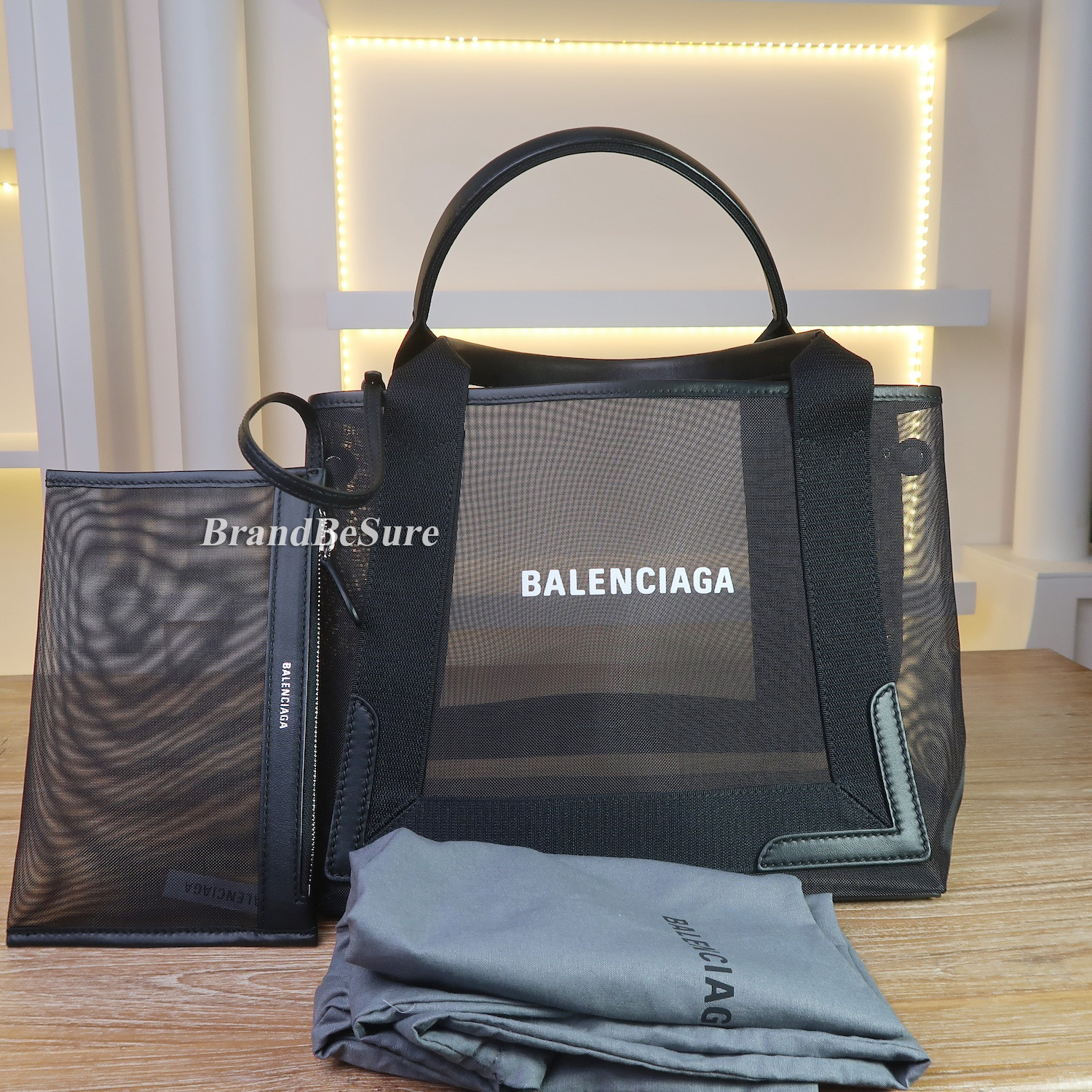 Balenciaga Black Mesh/Calfskin Logo Cabas S Tote Bag