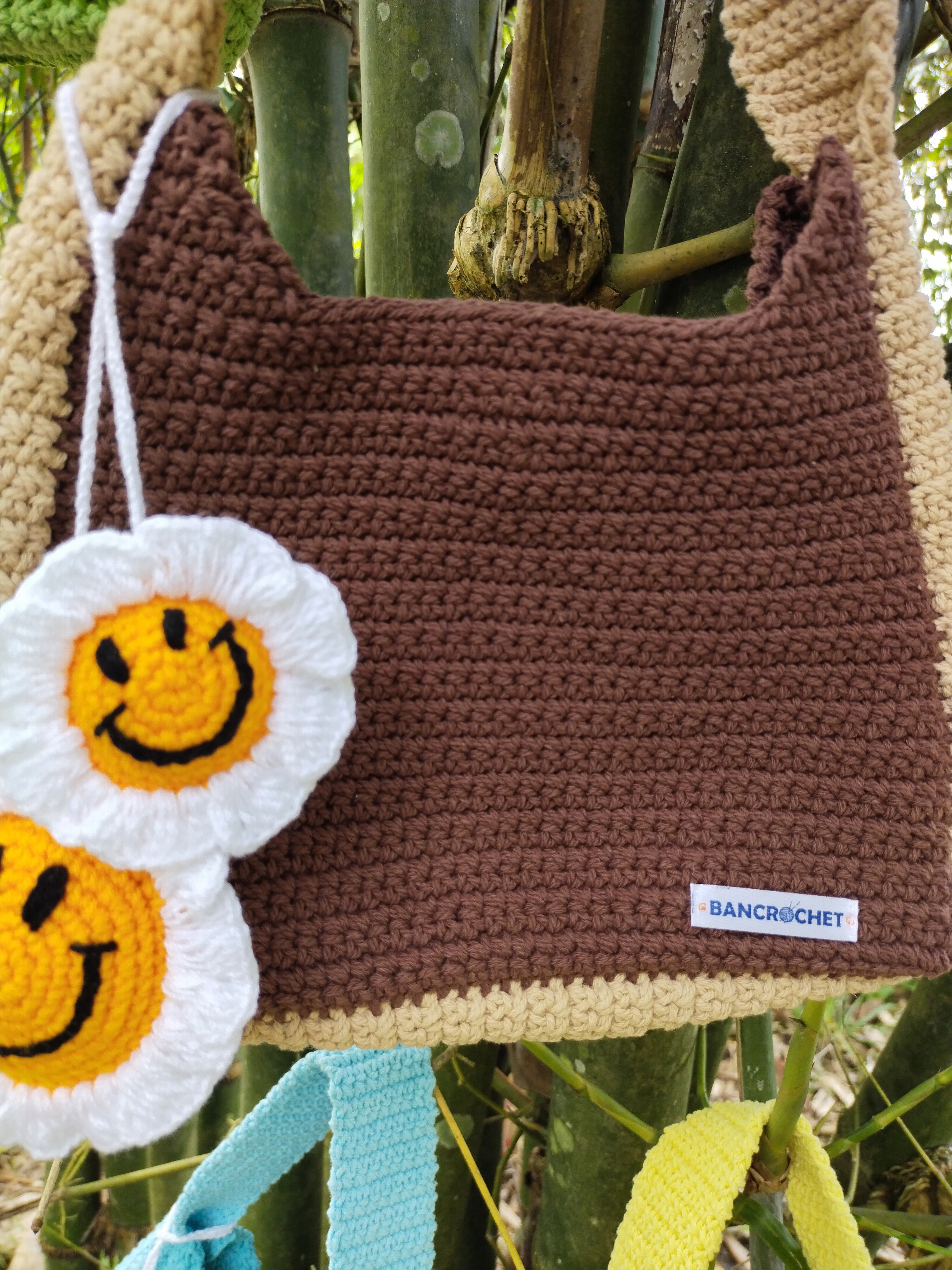 Bancrochet กระเป๋าถักโครเชต์ crochet bag น้ำตาล 8*5.5 สาย 7 inch