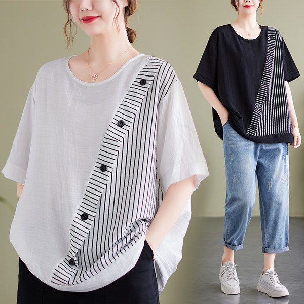 เสื้อทีเชิ้ตคนอ้วนผู้หญิงสไตล์คอตตอนลินินมีไซต์อก 47-48 นิ้ว