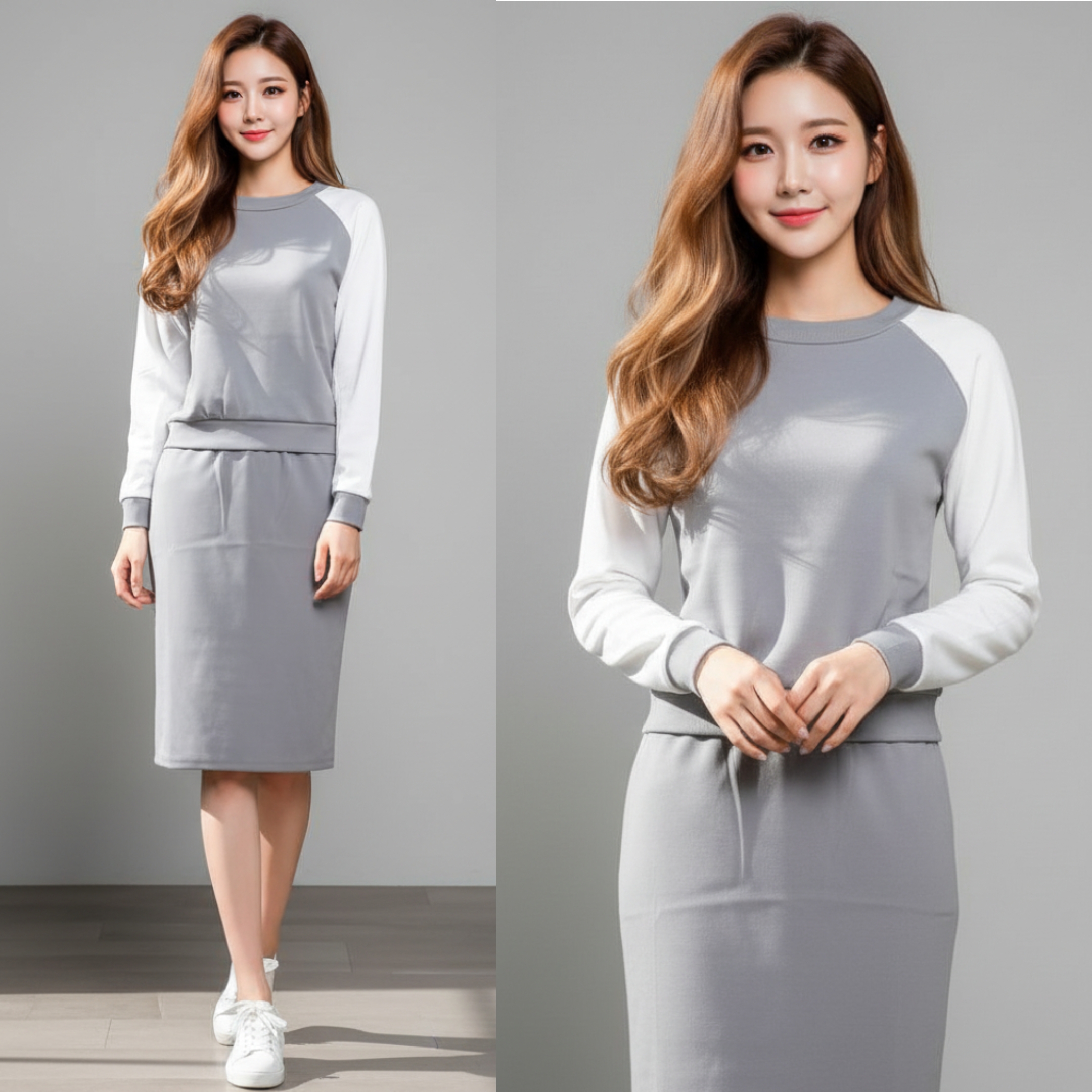 🤍 Set_bs1295 ชุดเซ็ทผู้หญิง เสื้อแขนยาว+กระโปรงเข้ารูป โทนขาวเทา สไตล์เกาหลี ใส่ไปคาเฟ่ ใส่ทำงานได้ ผ้านุ่มยืดหยุ่น