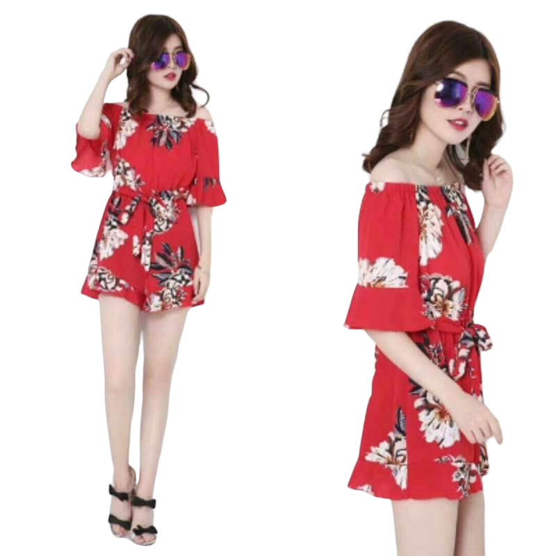 Jumpsuit679 จัมพ์สูทเปิดไหล่แขนระบาย เอวสม็อคยืดเยอะใส่สบาย มีผ้าผูกเอว ผ้าชีฟองหนังกบลายดอกไม้เนื้อดีมีน้ำหนักทิ้งตัว งานสวยน่ารักดูดีเซ็กซี่เบาๆ มี 2 สี ดำ, แดง