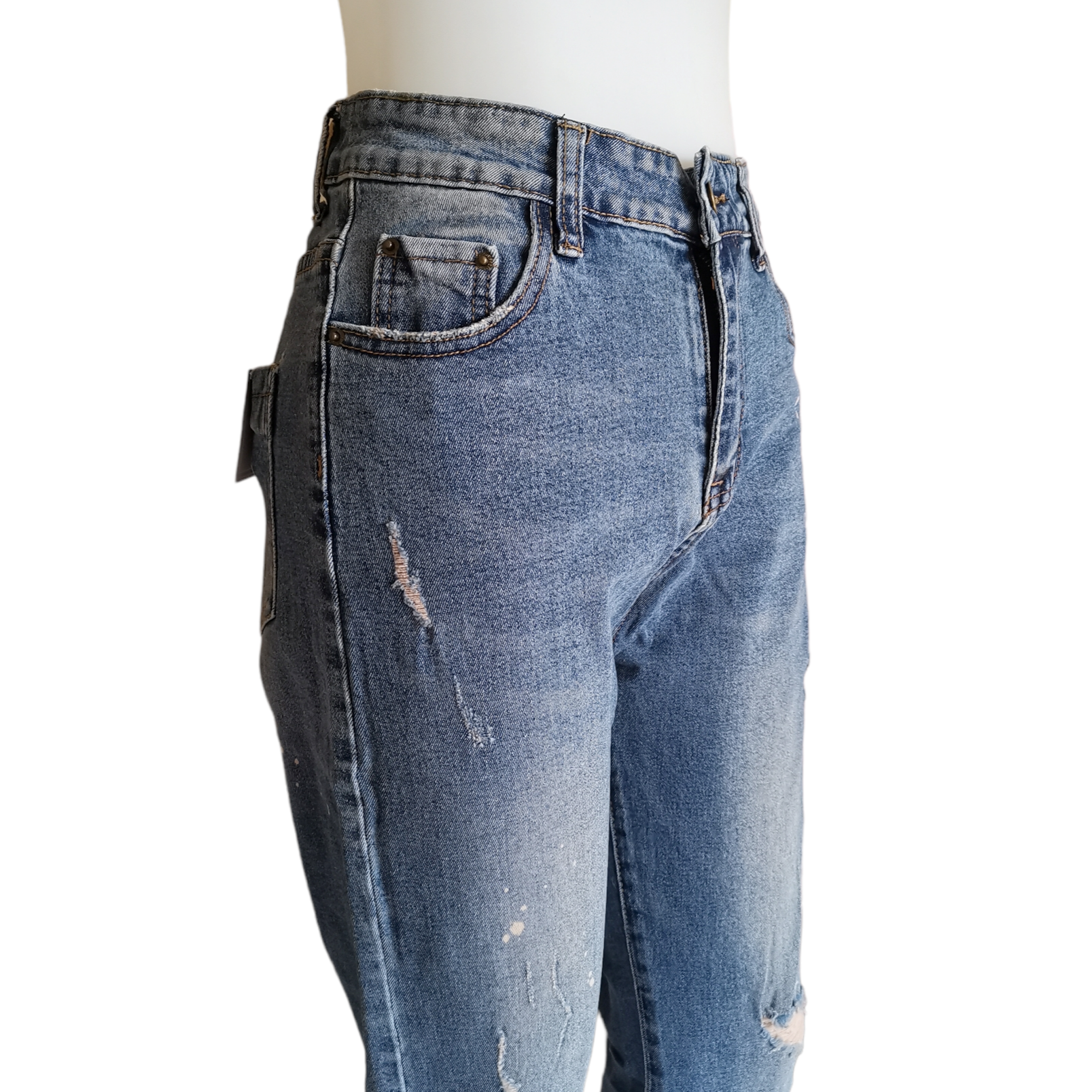 Jeans342 กางเกงยีนส์ขายาวเก้าส่วนเอวสูงแต่งขาด ปลายขารุ่ย แฟชั่นนำเข้าเกรดพรีเมียม ผ้ายีนส์แท้ยีนส์ฟอกยืดนิ่มใส่สบาย ผ้านุ่มน่าใส่ทรงสวยงานดี แมทช์กับอะไรก็เข้า