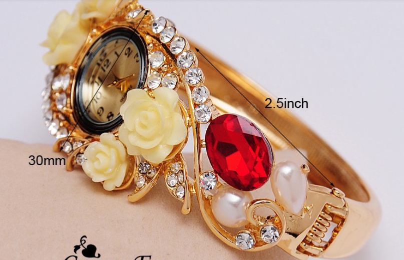 นาฬิกาข้อมือ ผู้หญิง กำไลข้อมือ แบบนาฬิกา ฝังเพชร CZ แต่งคริสตัล ดอกกุหลาบ สวยหรู ติด พลอยแดง ขาว และ น้ำเงิน ของขวัญให้แฟน ไฮโซ ค่ะ 255742