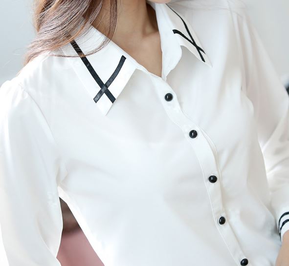 เสื้อเชิ้ตผู้หญิง เสื้อเชิ้ตแขนยาว ใส่ทำงาน เสื้อเชิ้ต สีฟ้า สีขาว ตัดเส้น สีดำ สวย ไซต์ใหญ่ ถึง 5 xl 408558