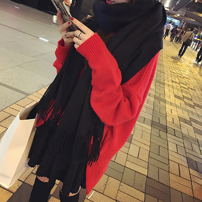 ผ้าพันคอกันหนาว ไหมพรมเนื้อเรียบ นุ่ม เกาหลี สีดำ พร้อมส่ง Black