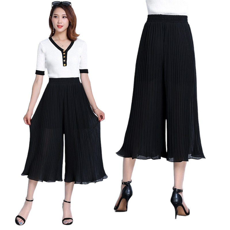 Trousers517 กางเกงขายาวชีฟองอัดพลีทสีดำ เอวยางยืด ผ้าชีฟองเนื้อดีหนามีน้ำหนักทิ้งตัว งานสวยผ้านุ่มน่าใส่ แมทช์กับเสื้อทรงไหนก็ดูดี