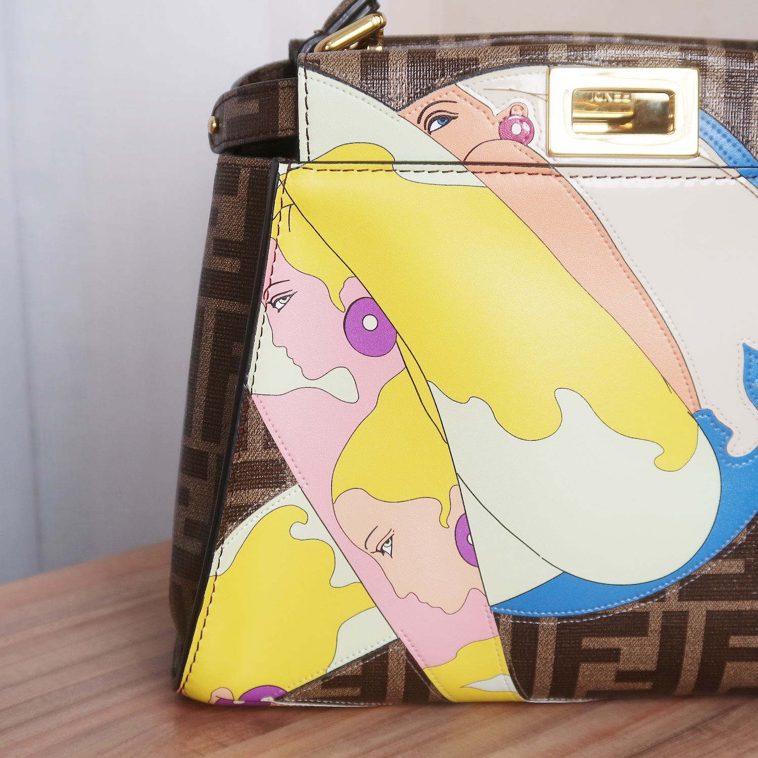 Fendi Glazed Fabric Vitello FF 1974 Hairo Girls Inlay Mini Peekaboo Satchel GHW