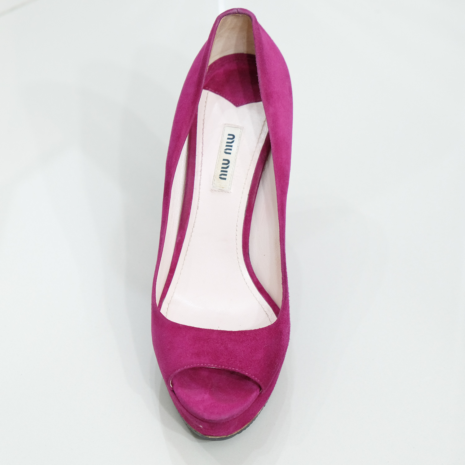 Miu Miu Fushia Pink Suede (Goat) Peep Toes Glitter Heel 5.5" Size 40