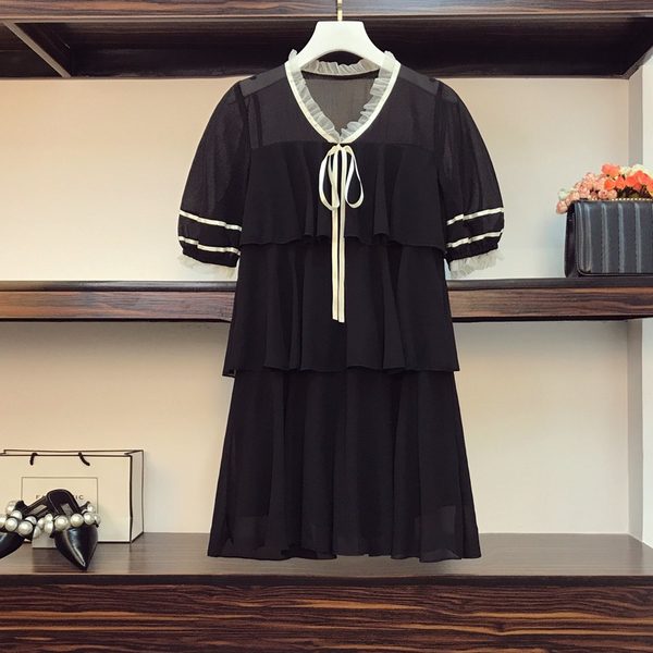 เดรสคนอ้วน เดรสสาวอวบ ชุดเดรสคนอ้วนวัยรุ่นแขนสั้น BY PLUS SIZE Girl