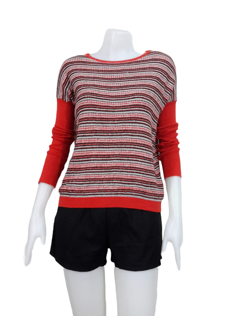 Blouse3529 2nd hand clothes เสื้อไหมพรมไซส์ใหญ่(เนื้อหนาปานกลาง) แขนยาว คอกลม ลายริ้วโทนสีส้ม
