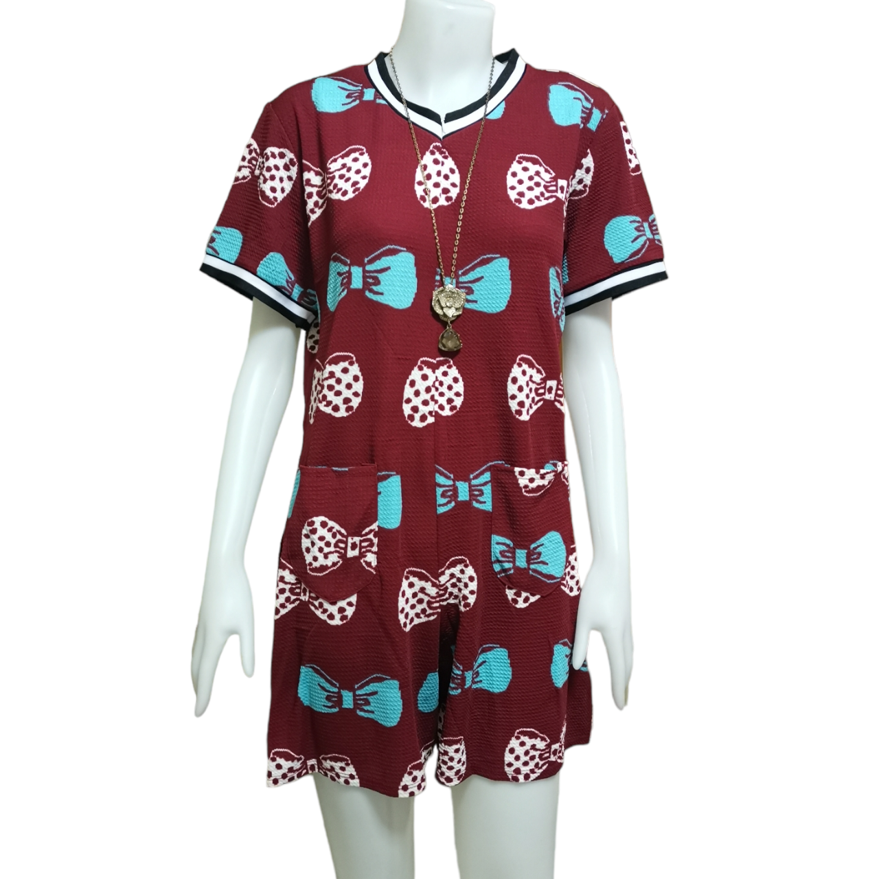 Jumpsuit635-สีเลือดหมู Big Size Jumpsuit จัมพ์สูทไซส์ใหญ่ลายโบว์ คอวี ซิปหน้า ผ้าวูลเวฟ(ผ้าหนังไก่)เนื้อดีนุ่มยืดหยุ่นสูงใส่สบาย