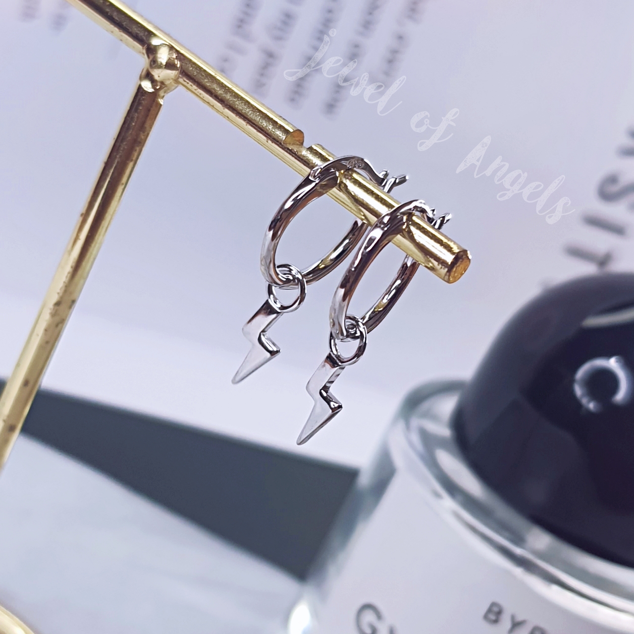 ต่างหูเงินแท้S925 รุ่น Storm ต่างหูห่วงก้านสับแต่งสายฟ้า สูง12.8mm ตุ้มหูเงินแท้ทั้งชิ้น Silver925