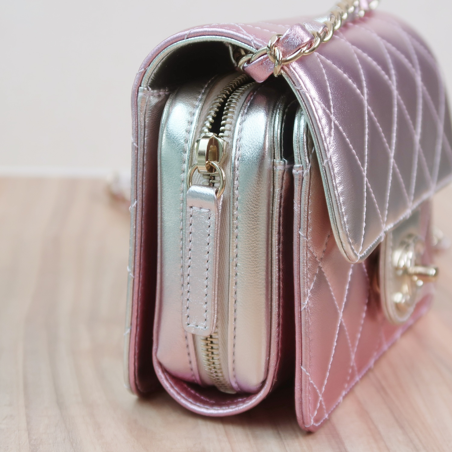 Chanel Rose Pink Metallic Lambskin Like A Wallet Flap GHW