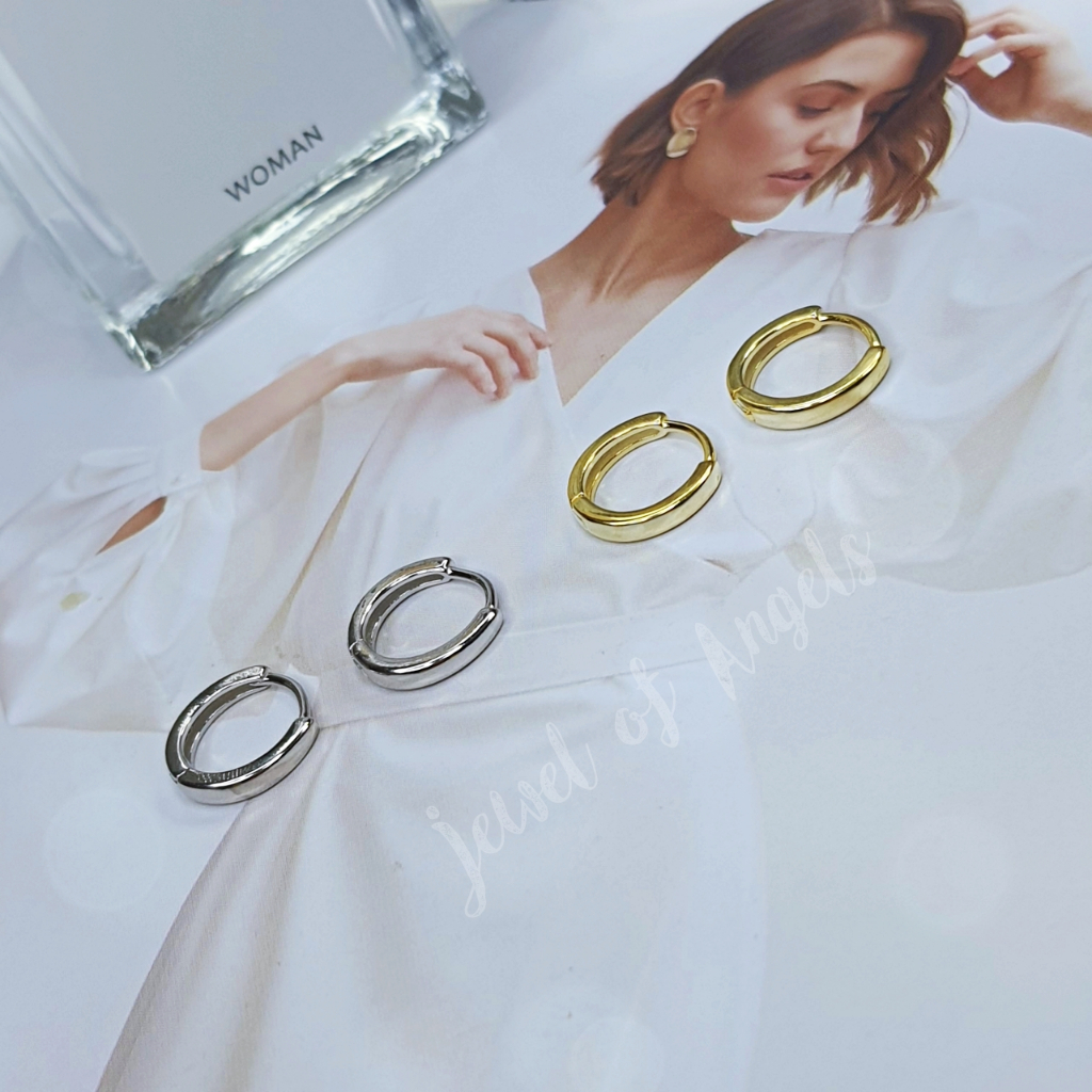 ต่างหูห่วงเงินแท้ S925 รุ่น Care ห่วงขอบเหลี่ยมตรงกลางหนา มินิมอล สูงวงนอก12.3mm สีเงิน สีทอง Silver925