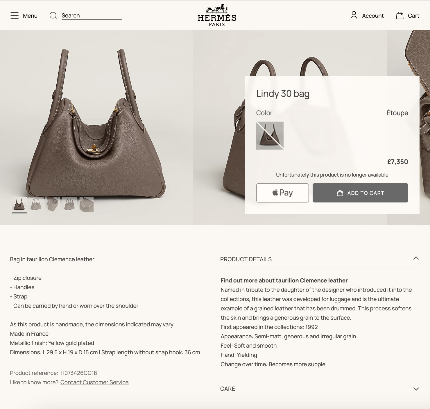 Hermes Tosca Clemence Leather Lindy 30 PHW