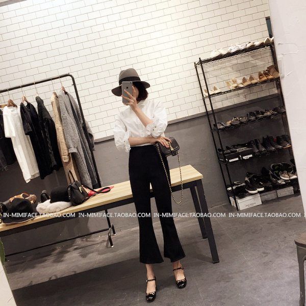 กางเกงขายาว 5 ส่วน ผ่าหน้า ผ้าใยสังเคราะห์ ยืดได้นิดหน่อย ไม่หนา พร้อมส่ง black