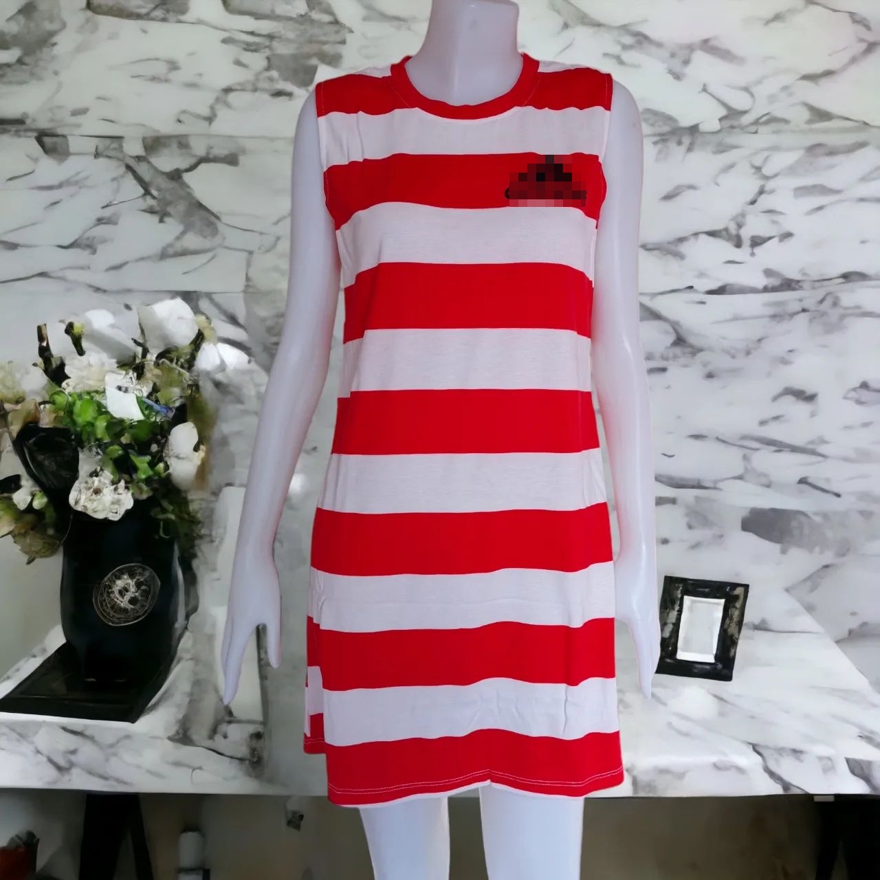 Dress4740 เดรสแขนกุดผ้าแมงโก้เนื้อดีหนาสวยยืดได้ใส่สบาย มีหลายสีหลายลาย