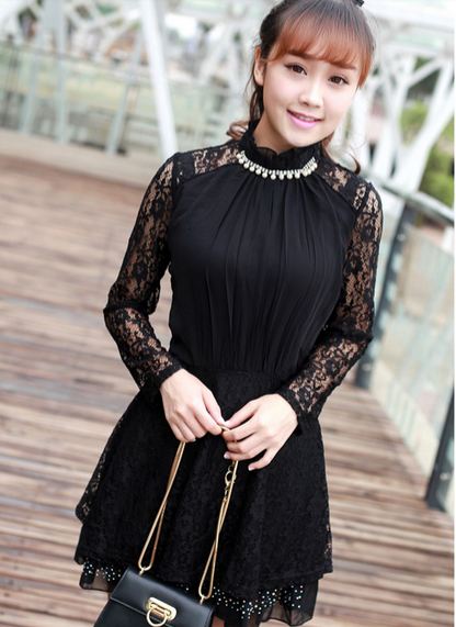 เดรส ผ้าลูกไม้ เดรสออกงาน ราตรี สีดำ สุดหรู ใส่ไปงาน แขนยาว ดูไฮโซ แต่งมุขที่คอ กระโปรงผ้าลูกไม้ผสมหนัง แต่งเม็ดบีดชายกระโปรง 127721_1