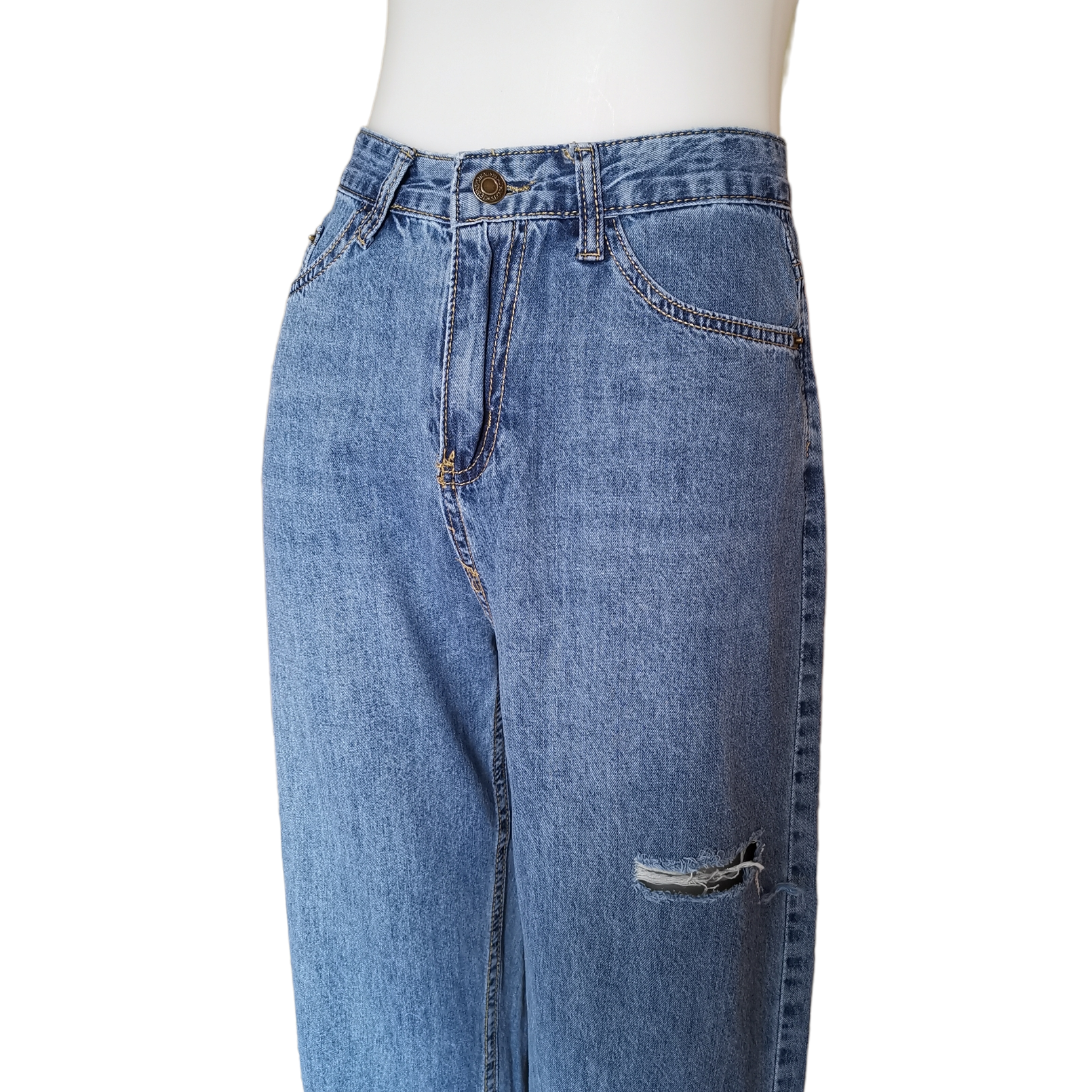 Jeans338 กางเกงยีนส์ขายาวขากระบอกแต่งขาด 1 ข้าง แฟชั่นนำเข้าเกรดพรีเมียม ผ้ายีนส์แท้เนื้อนุ่มน่าใส่