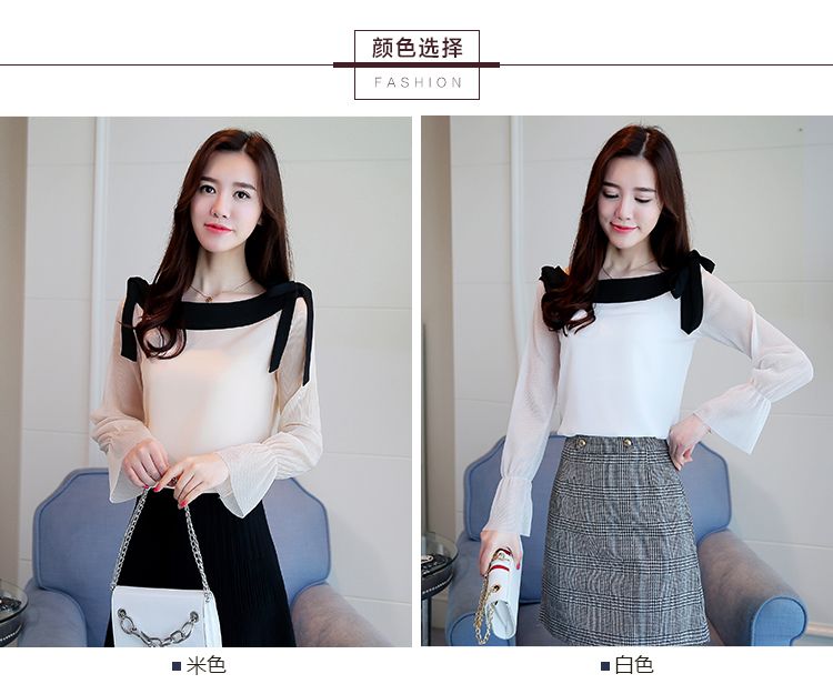 Blouse3781 เสื้อแขนยาวผูกโบว์ไหล่แต่งขอบอกสีดำตัดกับตัวเสื้อดูมีดีเทล ผ้าโพลีเนื้อดี งานสวยแมทช์กับอะไรก็ดูดี ใส่เที่ยว/ใส่ทำงานได้ มี 2 สี ขาว, ครีม