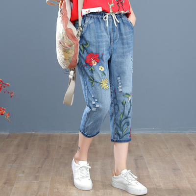 กางเกงยีนส์ ยีนส์สไตล์วินเทจ ปักลายด้าย