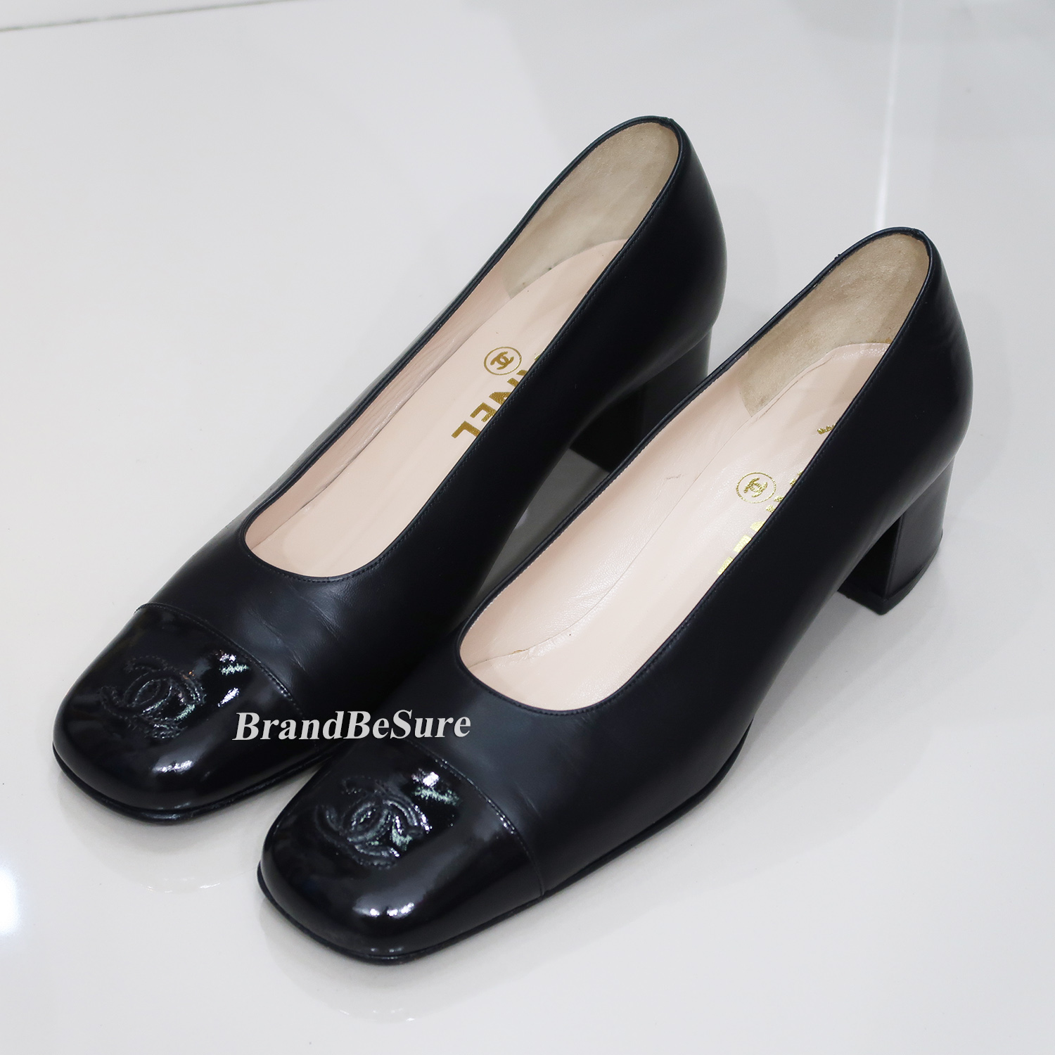 Chanel Black Calf Leather Patent Cap Toe Pumps Size 38.5