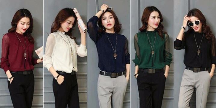 เสื้อเชิ้ตผู้หญิง เสื้อเชิ้ตแขนยาว ผ้าซีฟอง เสื้อแฟชั่น แขนยาว ใส่เที่ยว ใส่ทำงาน ปิดคอ แขนยาว เรียบเก๋ มีสไตล์ 837565