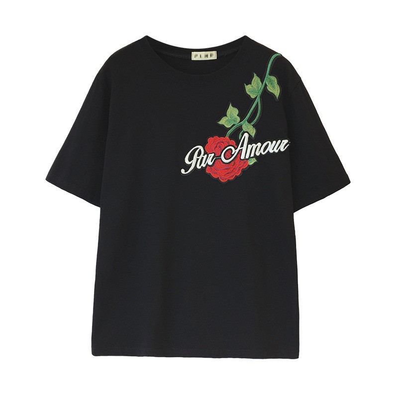 Blouse4036 เสื้อยืดไซส์ใหญ่โอเวอร์ไซส์สีดำปักดอกกุหลาบ ผ้าคอตตอนซอฟท์เนื้อนุ่มใส่สบาย งานน่ารักผ้าเนื้อดียืดหยุ่นสูง แมทช์ง่ายใส่เก๋ๆ ได้บ่อย