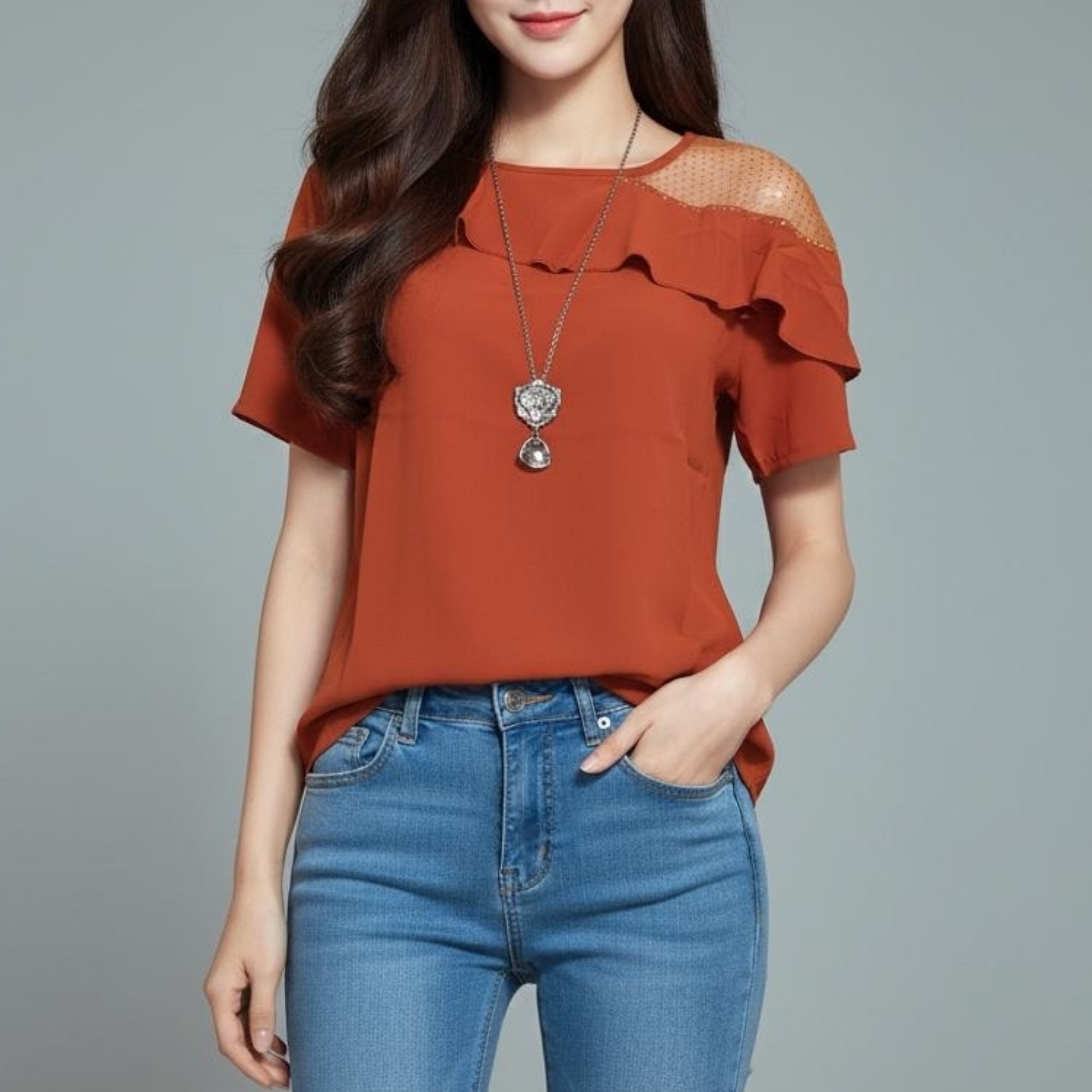 🌺 Blouse3917 เสื้อแฟชั่นแต่งระบายช่วงบ่าซีทรูหนึ่งข้าง ผ้าโพลีเนื้อดีมีน้ำหนักทิ้งตัว งานเนี๊ยบผ้านุ่มน่าใส่ เพิ่มลุคเรียบหรูดูดีมีสไตล์ในทุกโอกาส
