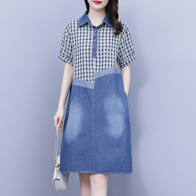 เดรสคนอ้วน เดรสสาวอวบ ชุดเดรสคนอ้วนวัยรุ่น ยีนส์ แต่งลาย BY PLUS SIZE Girl