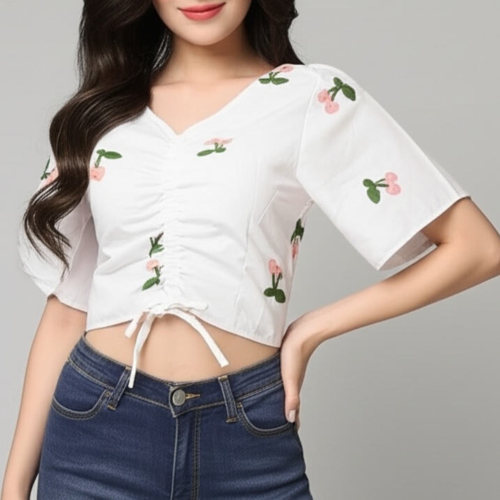 Blouse4032 เสื้องานปักลายผลไม้ แต่งเชือกรูดด้านหน้า ผ้าคอตตอนเนื้อดีนุ่มใส่สบาย งานน่ารักแมทช์กับอะไรก็เข้า