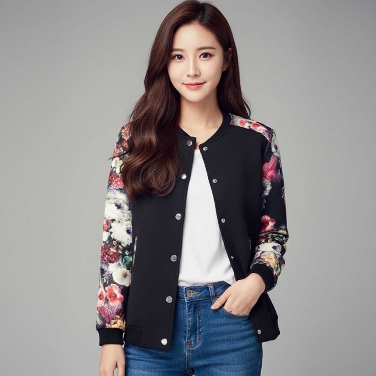 🌼🖤 Blouse3630 เสื้อคลุมแจ็กเก็ตสีดำแขนยาวลายดอกไม้สไตล์เกาหลี ลุคเท่และนุ่มนวลในเวลาเดียวกัน