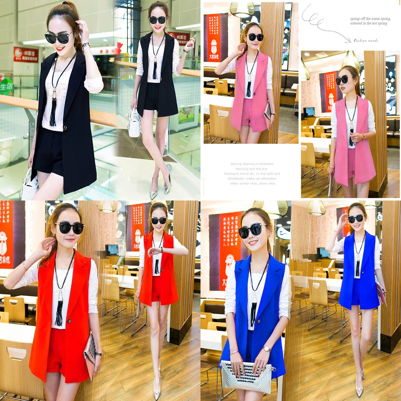 Set_bp1435 ชุดเซ็ท 3 ชิ้น เสื้อสูทแขนกุด+เสื้อยืดแขนยาว+กางเกงขาสั้น Set สามชิ้นเข้าชุด งานดี ใส่เก๋ๆ ได้บ่อย **พร้อมส่ง 2 สี น้ำเงิน, แดง