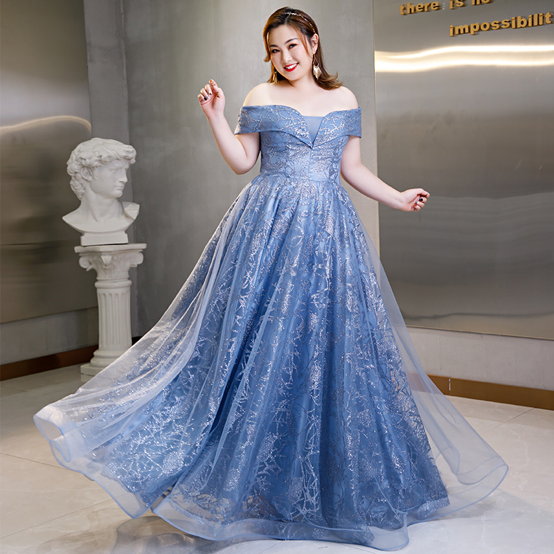 ชุดราตรีคนอ้วน ชุดออกงานคนอ้วน หรูสีฟ้า