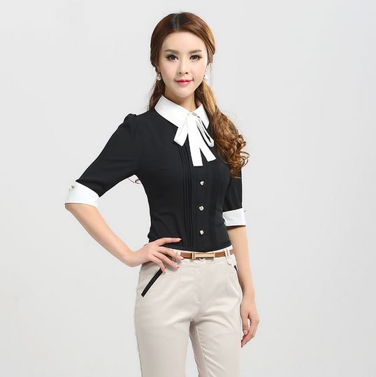 เสื้อแฟชั่น เสื้อผู้หญิง ใส่ทำงาน เสื้อทำงาน แขนสามส่วน สีดำ แต่งโบว์ที่คอ ตัดด้วยสีขาว กระดุมหน้า เสื้อเชิ้ต สีดำ ใส่ทำงาน 477467_1