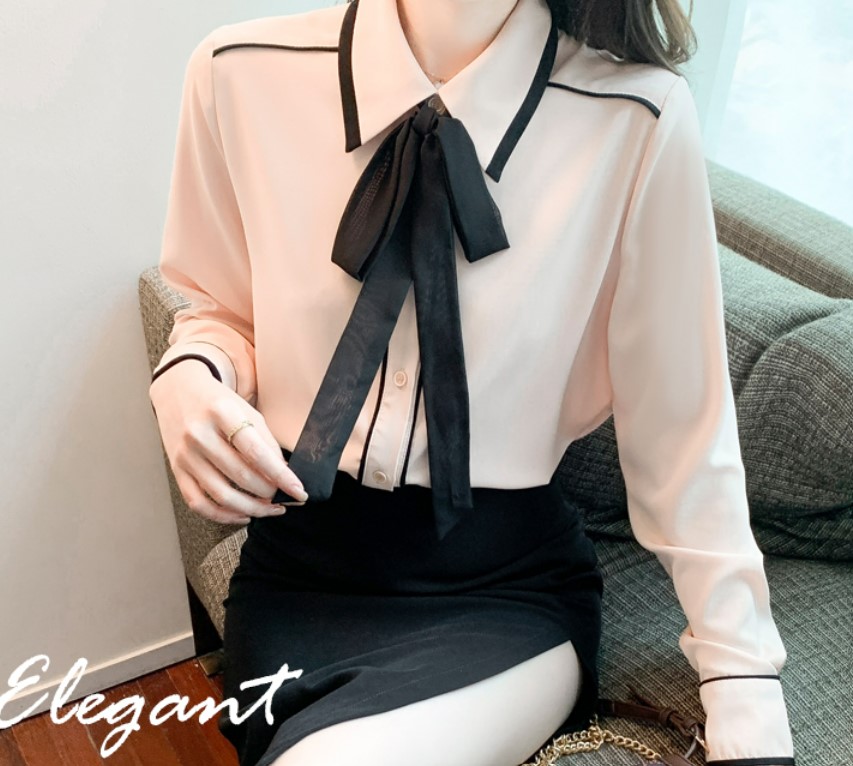 เสื้อเชิ้ตผู้หญิง เสื้อเชิ้ต แขนยาว พร้อม โบว์ สีดำ แบบสวย ตัดลายเส้น มีมิติ เสื้อเชิ้ต คอปก แบบสวย ๆ 751088