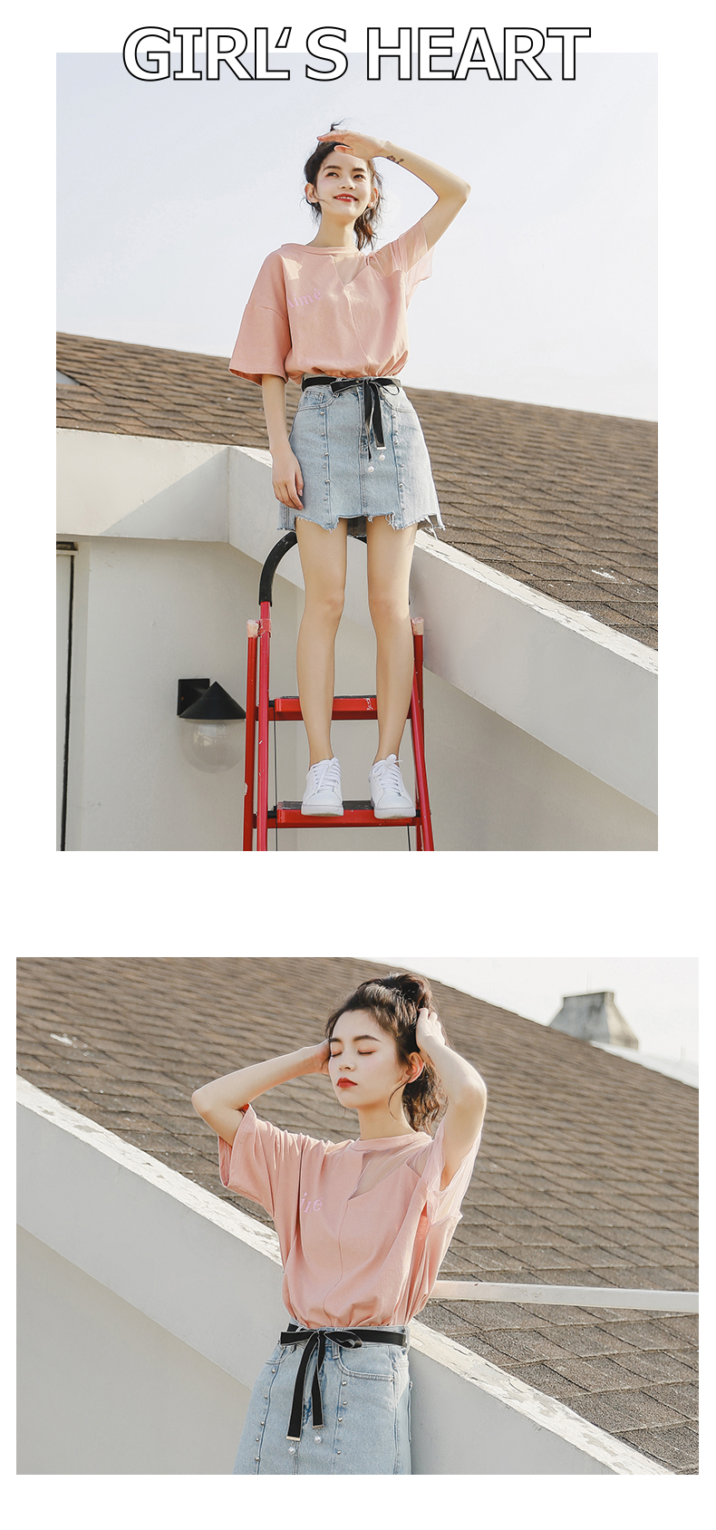 Blouse3841 เสื้อยืดแฟชั่นสีชมพู แขนสั้นซีทรู 1 ข้าง ผ้าคอตตอนเกรดพรีเมียมเนื้อดีนุ่มใส่สบายยืดหยุ่นสูง งานน่ารักดีเทลเก๋ๆ แมทช์กับขาสั้นหรือขายาวก็ดูดีไม่แพ้กัน