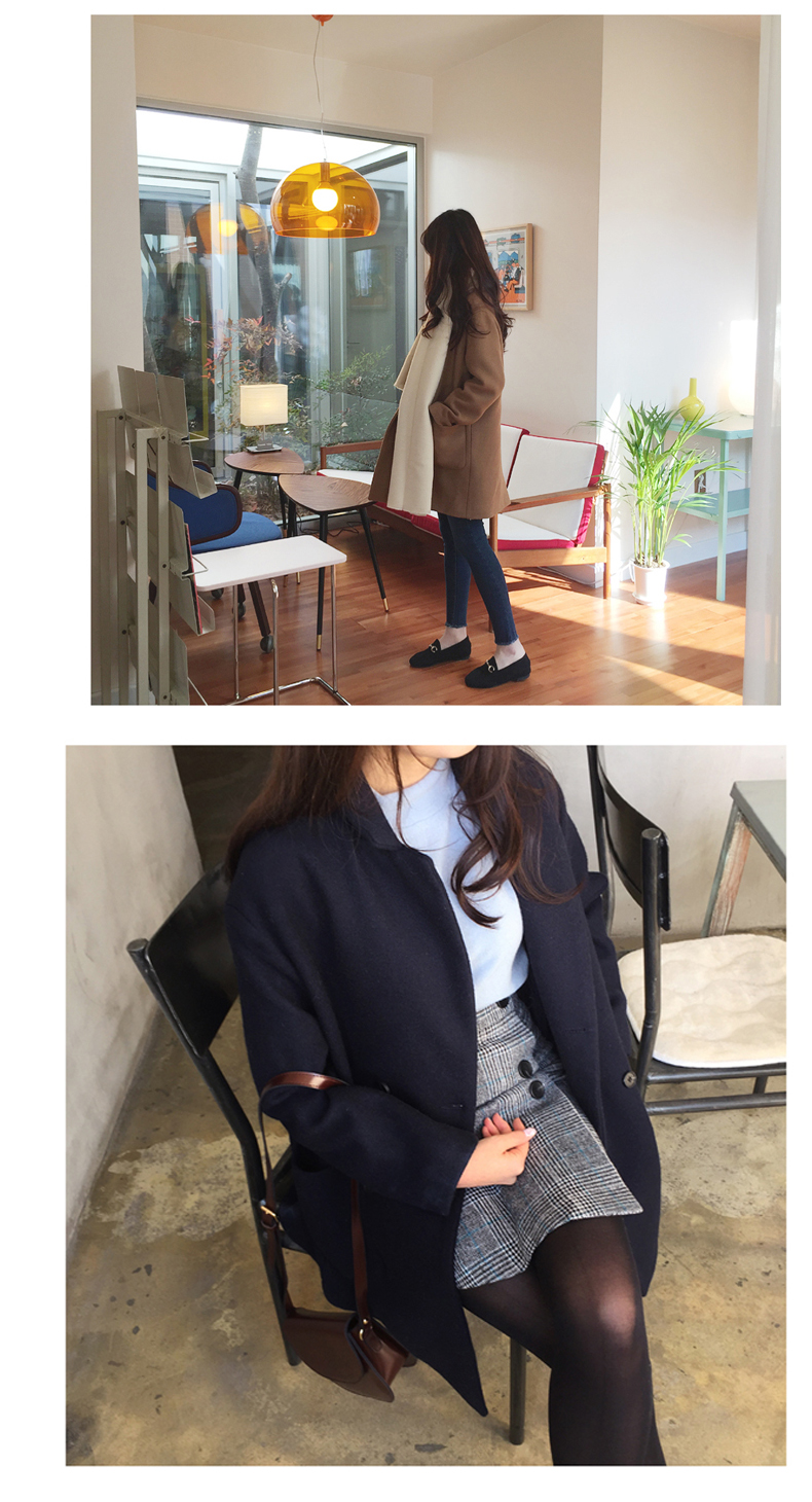 เสื้อโค้ทกันหนาว รุ่นกระดุม 2 แถว ทรงโคล่ง ผ้าวูลผสมสักกะหลาด สไตล์เกาหลี สีน้ำตาล