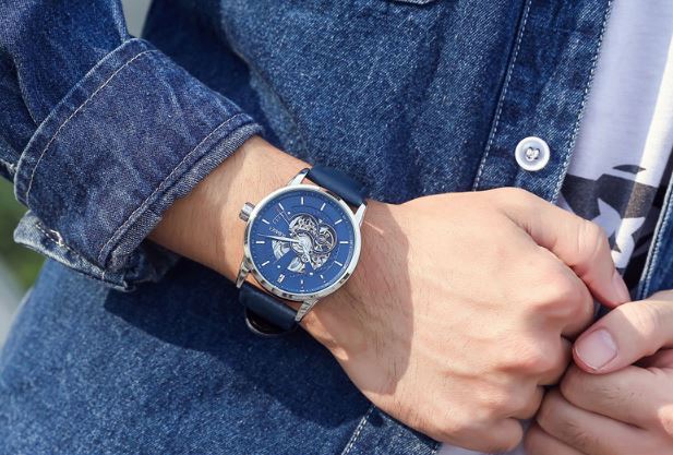 นาฬิกาข้อมือ โชว์กลไก Mechanical watch สายหนัง หน้าปัดด้านใน ดีไซน์ ลายเส้นถัก สาน งานดีไซน์ นาฬิกากลไก สปอร์ตสุดหรู 320432