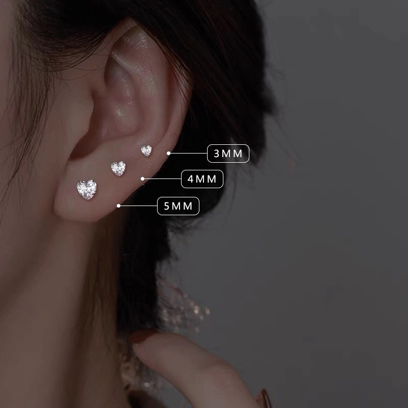 ต่างหูเงินแท้ทั้งชิ้น S925 รุ่น Lovely ต่างหูก้านเสียบ เพชรCZรูปหัวใจ สีเงิน 3mm 4mm 5mm Silver925