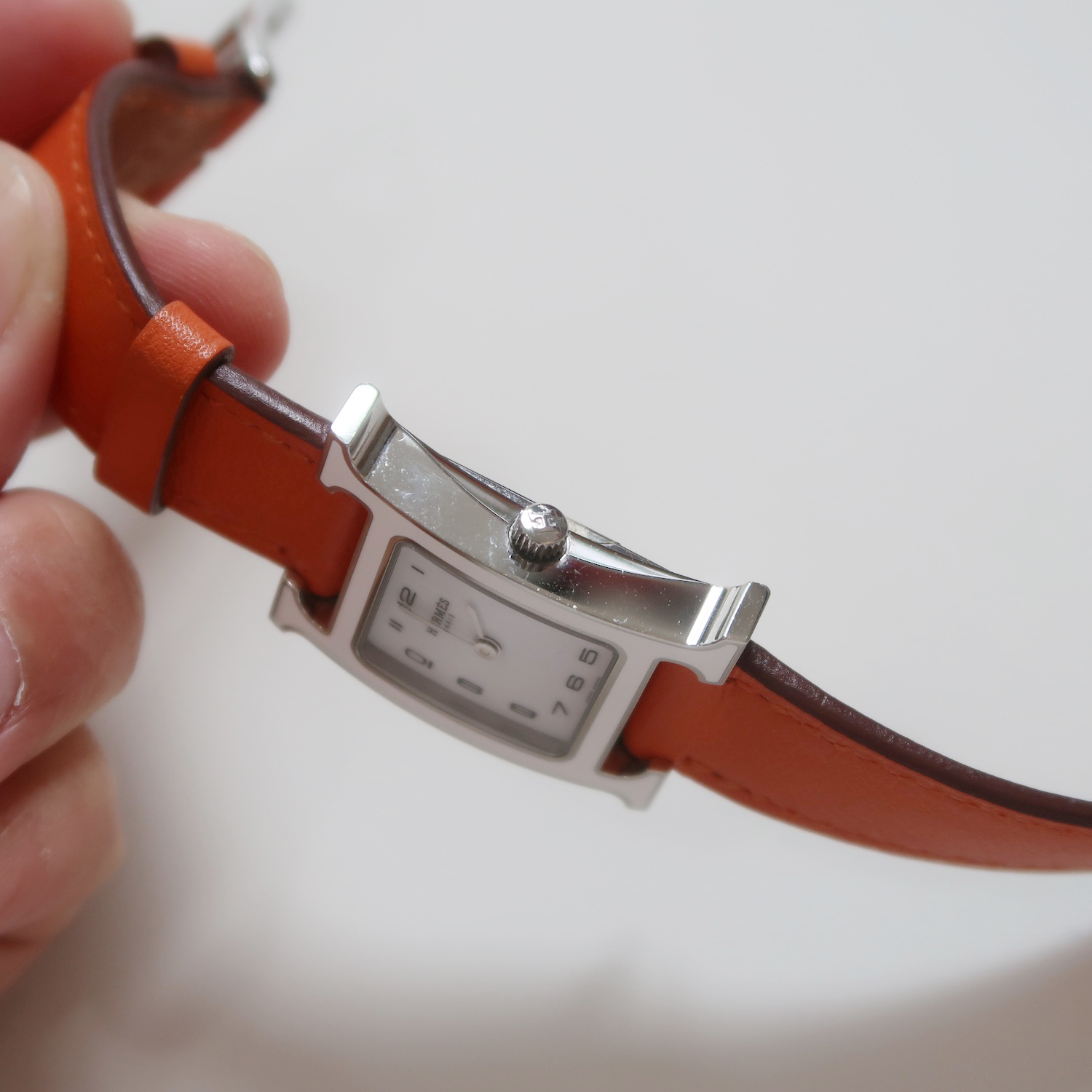 Hermes White Enamel Orange Swift H Hour PM Watch