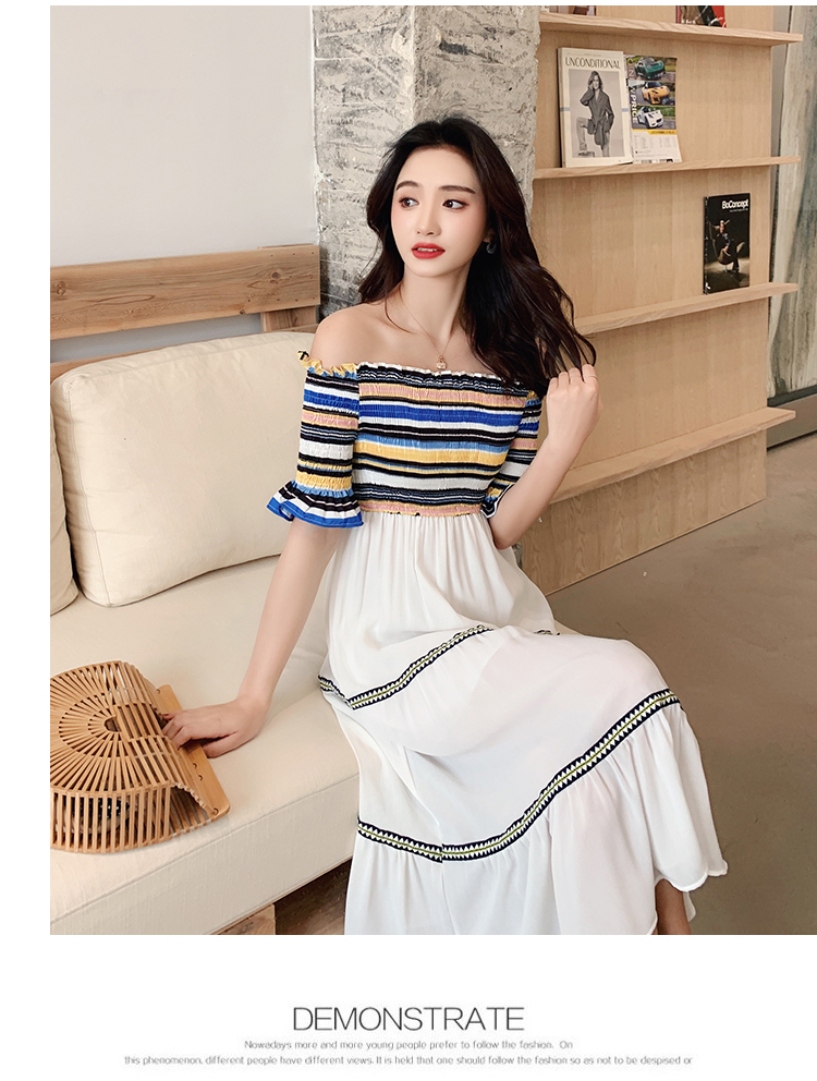 Dress4586 เดรสยาวเปิดไหล่สม็อครอบอกและเอว ช่วงบนผ้าคอตตอนลายริ้วโทนสีคัลเลอร์ฟูล ตัดต่อกระโปรงชีฟองเนื้อดีหนามีน้ำหนักสีขาวตกแต่งด้วยแถบเส้นลายกราฟฟิคดูมีดีเทล มีซับในอย่างดี งานเกรดพรีเมียมดูสวยแพง
